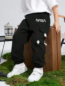 Streetwear Style Kids' Pants for Ages 8-12, Casual Loose-Fitting Long Pants with Letter Pattern, Essential School Fashion