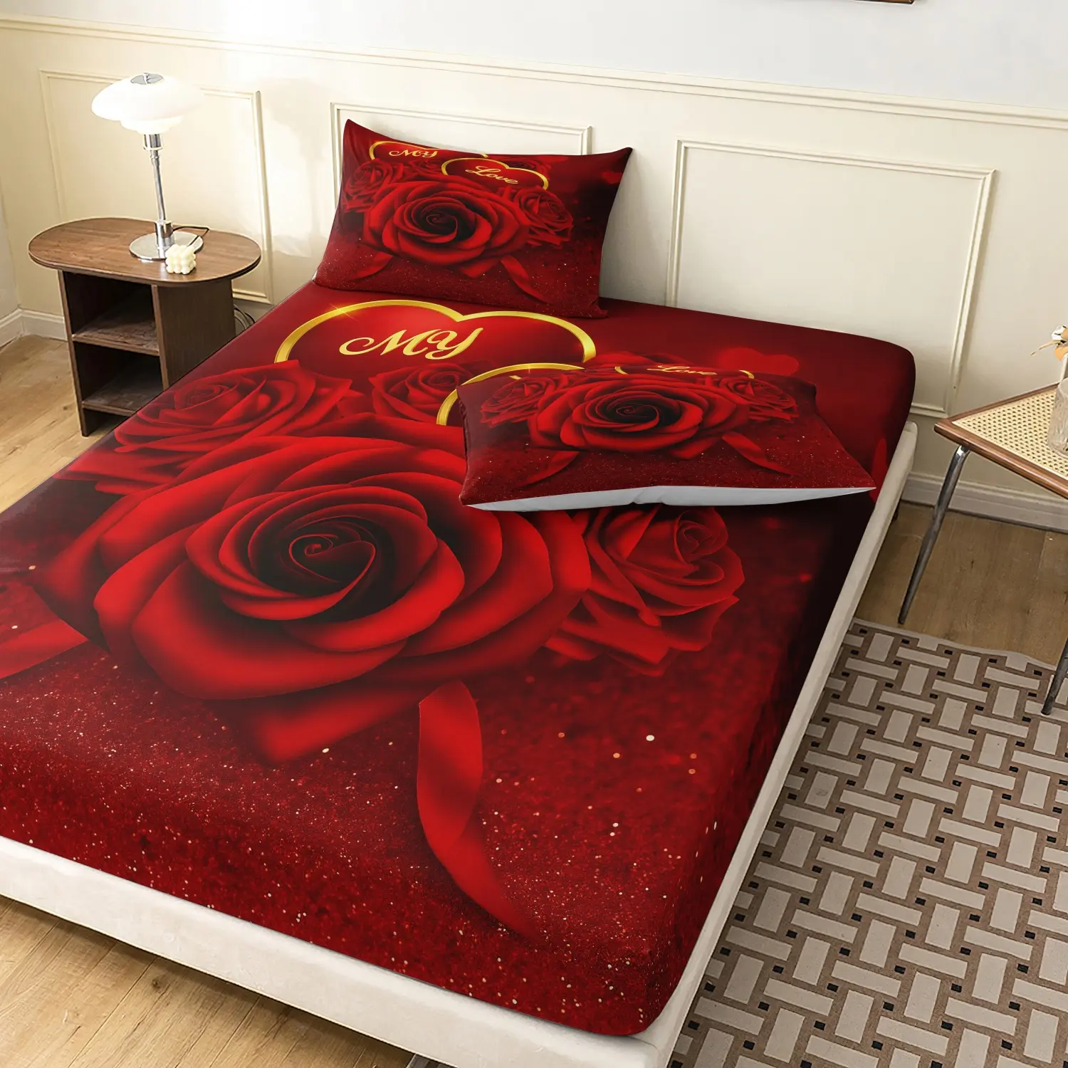 3 Pieces Red Glitter Rose My Love Golden Heart Fitted Sheet Set, Decorative Bedsheet Sets, Romantic Floral Print Bedding, Soft Bedding Decor for Couples, Twin Full Queen King Size (1 Fitted Sheet + 2 Pillowcases)