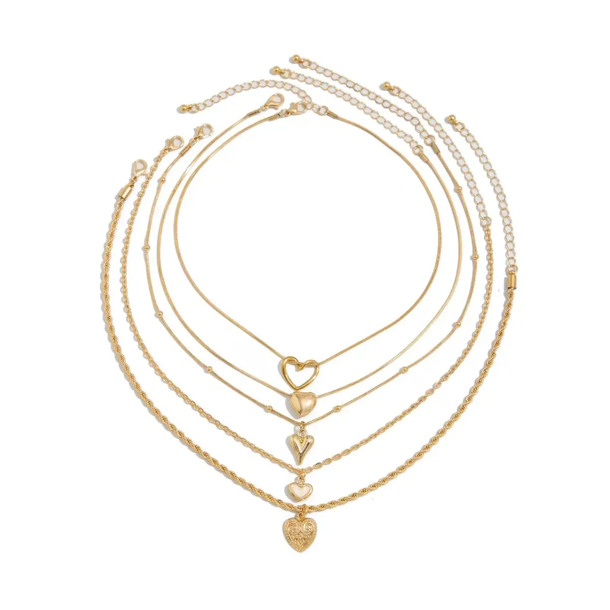 5-Tier Detachable Layered Heart Necklace - Vintage Gold Tone Stackable Chains with Mixed Pendants, Y2K Jewelry Set.