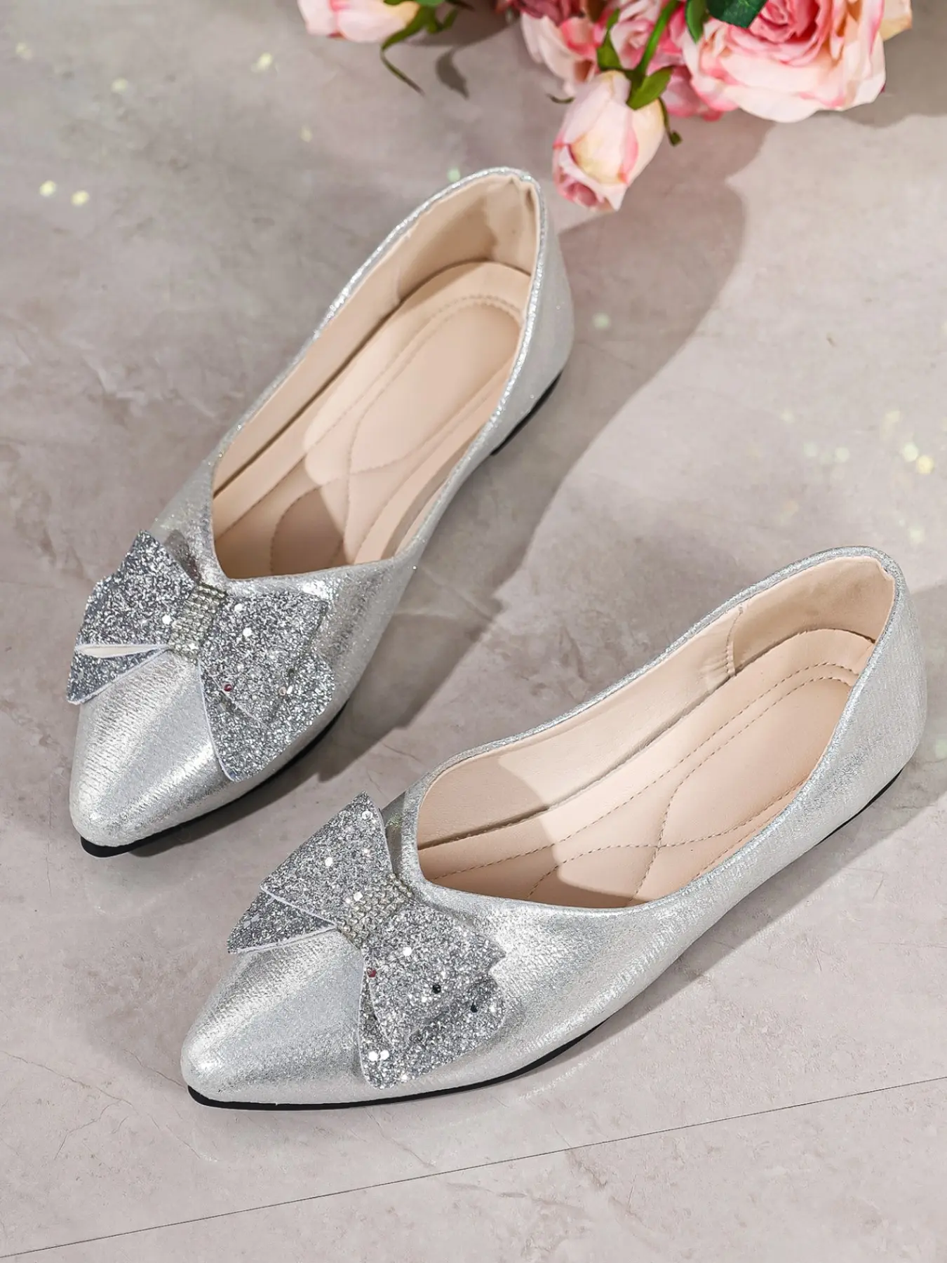 Women Glitter Rhinestone Bow Pointed Toe Ballet Flats, Slip On Sparkly Dress Ballerina Shoes, 4 Colors Black Silver Champagne Pink