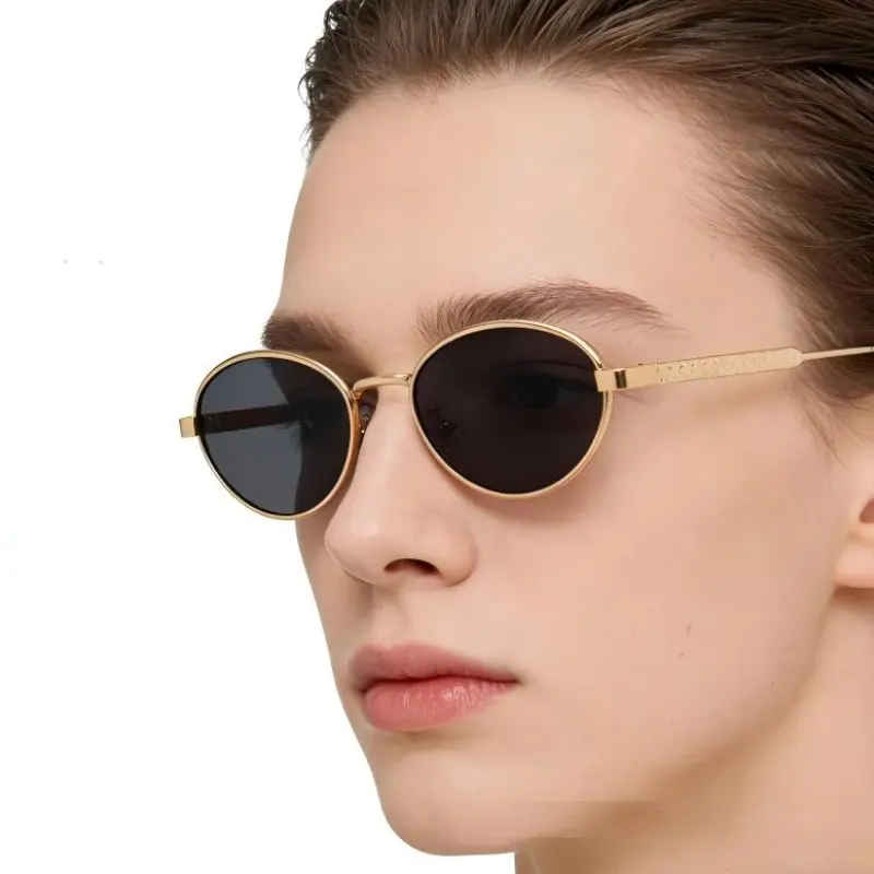 Luxury Gold Frame Oval Sunglasses, Textured Temple Design, Metal Thin Frame Lenses, Stylish Outdoor Sun Glasses, Versatile Fashion Accessory
