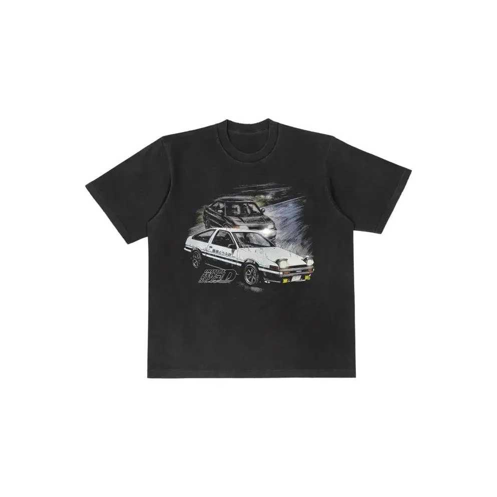 Menswear Initial D Anime Oversized Distressed Vintage Wash Short-Sleeve T-Shirt, Festive Graphic Printed Casual Streetwear Top, Shortsleeve, Tshirt