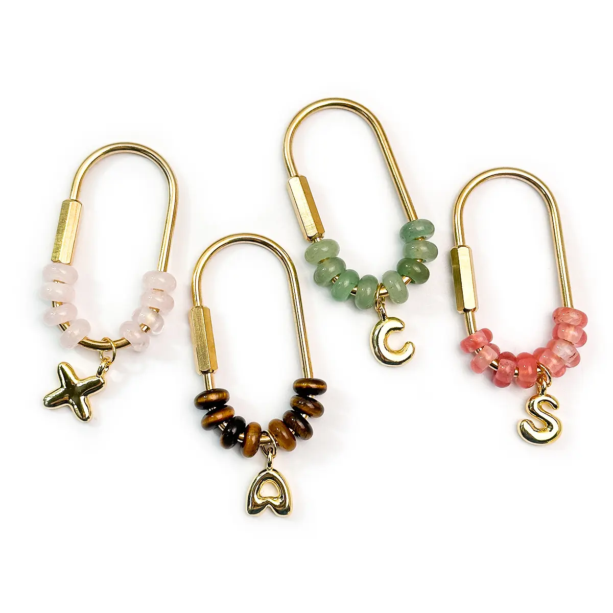 Natural Stone Initial Bag Charm Beaded Carabiner Keychain Gold Letter Heart Pendant for Daily Handbag Accessories