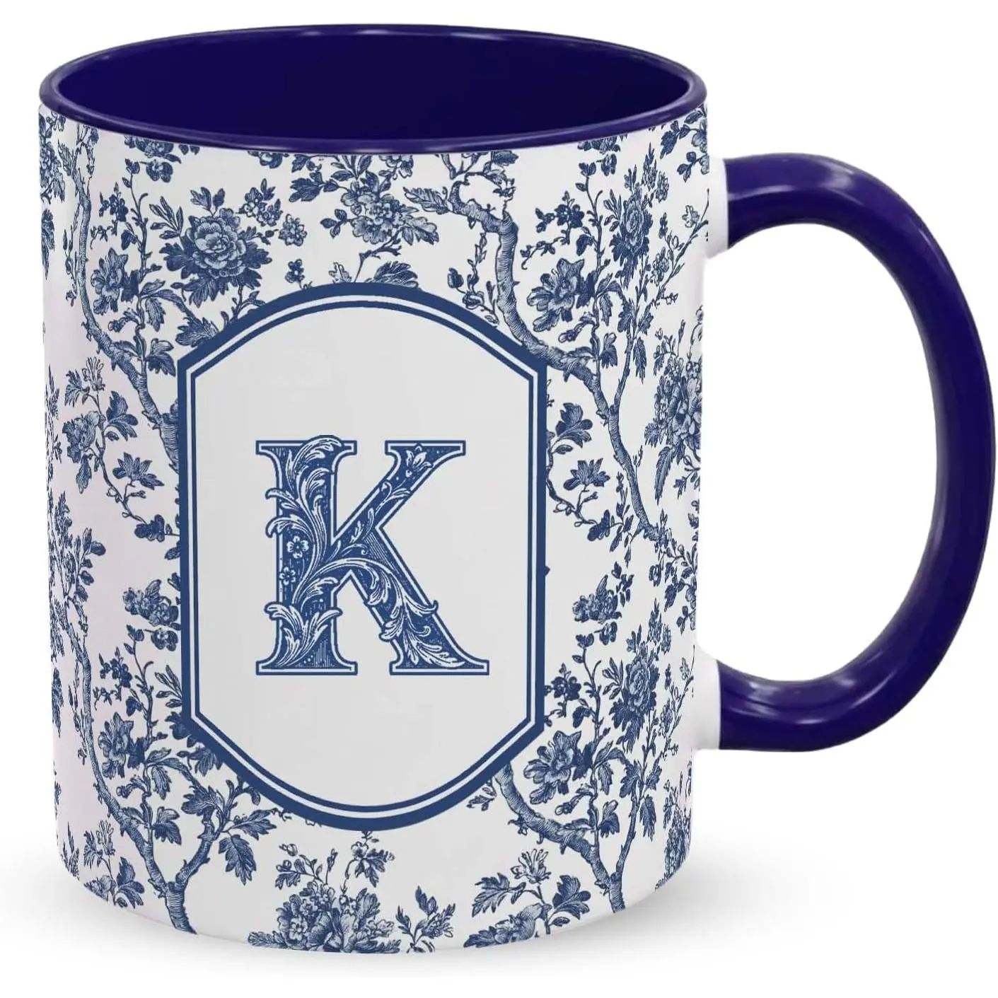 Initial Mug for Women, Personalized Coffee Mug with Letter K, Blue Toile Ceramic Coffee Cup, Monogram  Mug, Custom Style Birthday  for  Coworker Her