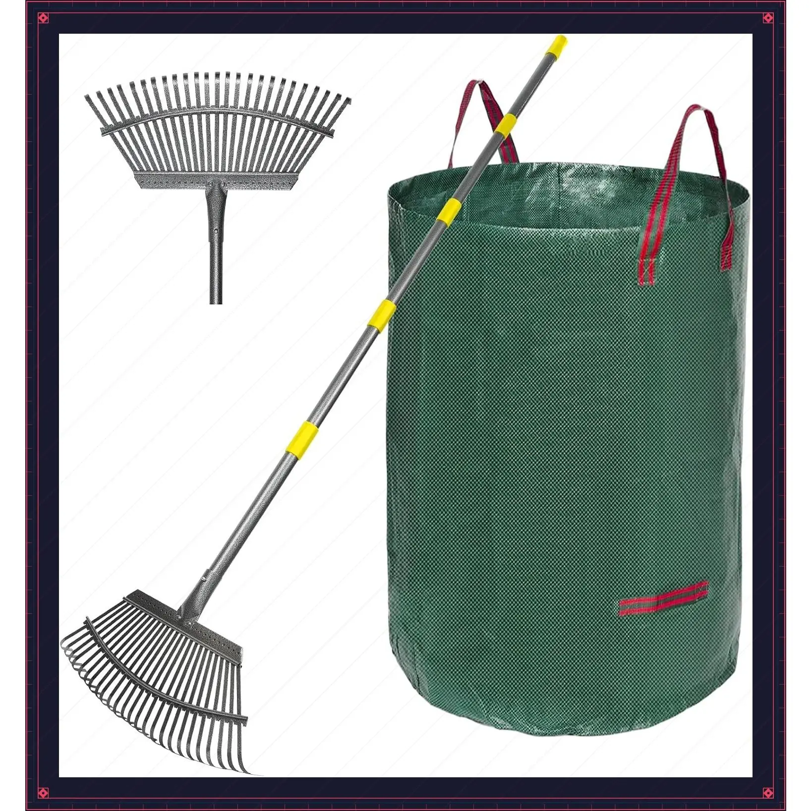 Adjustable Garden Rake for Leaves, 36-73" Long Handle, 18" Wide Heavy Duty Head with 25 Metal Tines, Includes 32 Gallon Leaf Bags for Lawns, Grass, Shrubs and Flower BedsGift