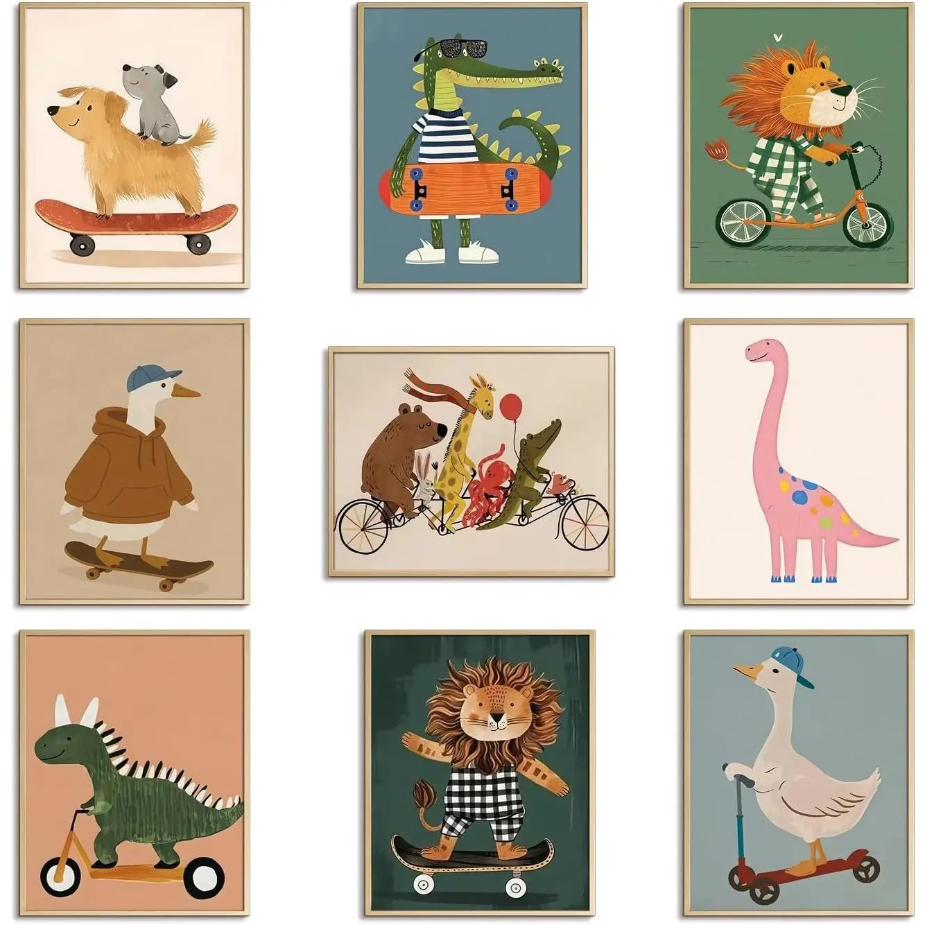 Kids Room Wall Art Set of 9, Funny Cute Cartoon Animal Canvas Prints, Nursery Wall Decor Paintings for Boys Girls Bedroom Baby Room Playroom Classroom Decoration 8x10 Inch Unframed