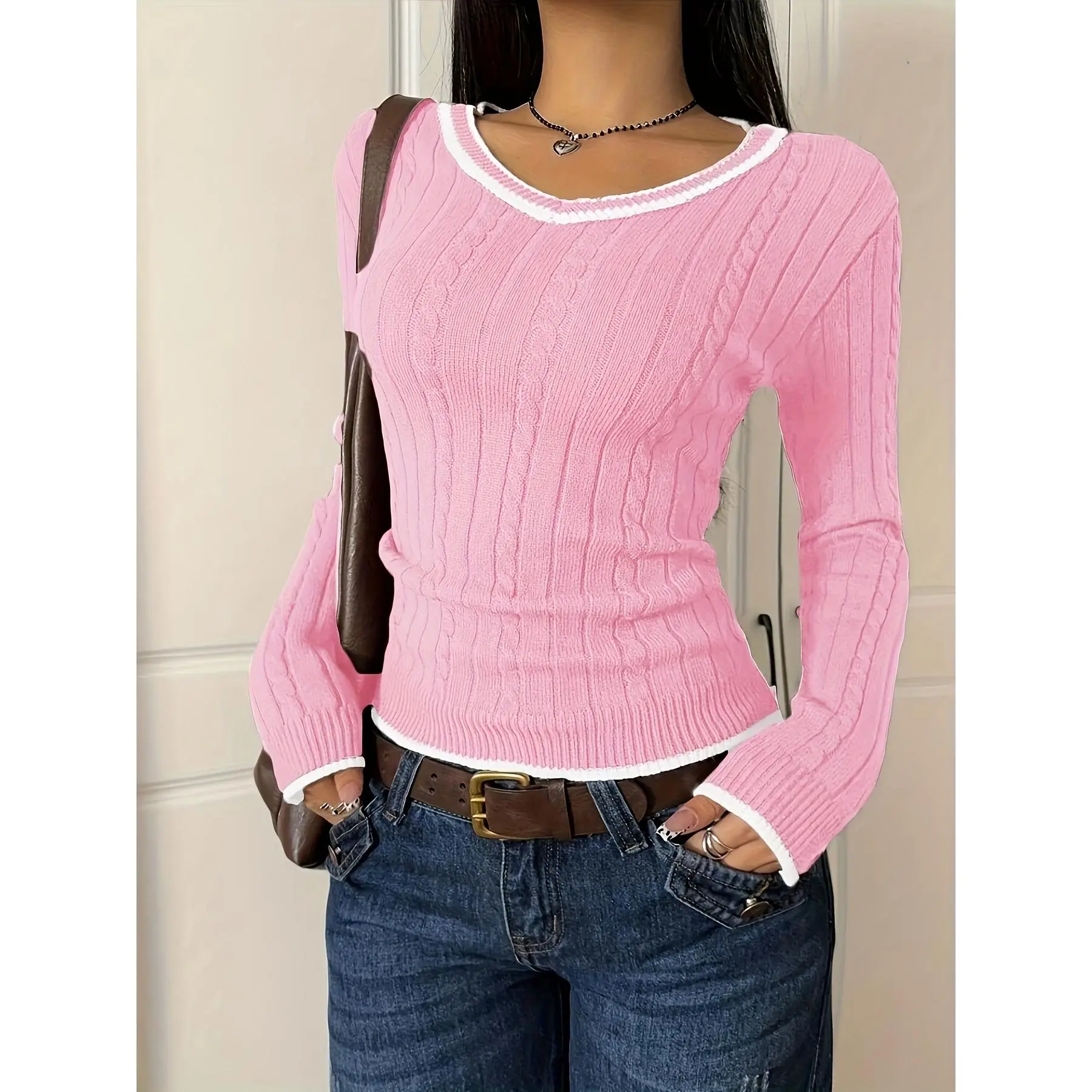 [Maroon V-Neck Sweater] Women's Casual Maroon Contrast Decor V-Neck Long Sleeve Easy Sweater, Casual Daily Wear, Fall Winter Style