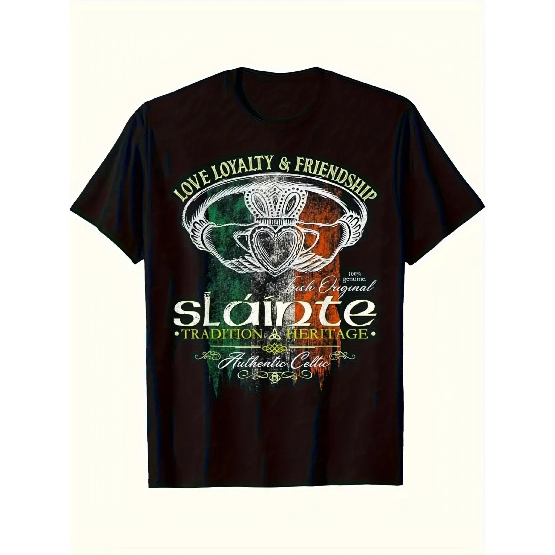 Men's 100% Cotton Short-Sleeve Irish Claddagh Ring T-Shirt, Fashion Round Neck, Simple Regular Fit, Comfortable Slight Stretch Fabric, All-Season Casual Streetwear, Geometric Graphic Basic Menswear Top, Shortsleeve, Tshirt, Soft, Front Print, Graphical, F
