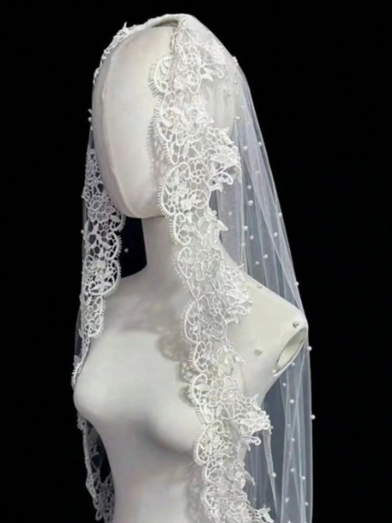 European and American Bride Wedding Dress, Pearl Netting Fingerless Long Lace Trim, Single Layer Netting Beaded Veil, Elegant Bridal Gown Accessory