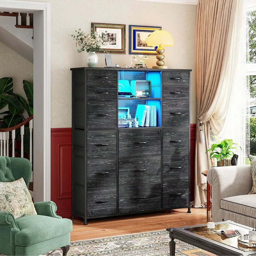 51" Tall Dresser With 15 Drawers And Wood Top, Clothing Storage Equipped With Charging Station, LED Lights ,Hutch, SturdySteel Frame Fit Bedroom And Living Room, Black