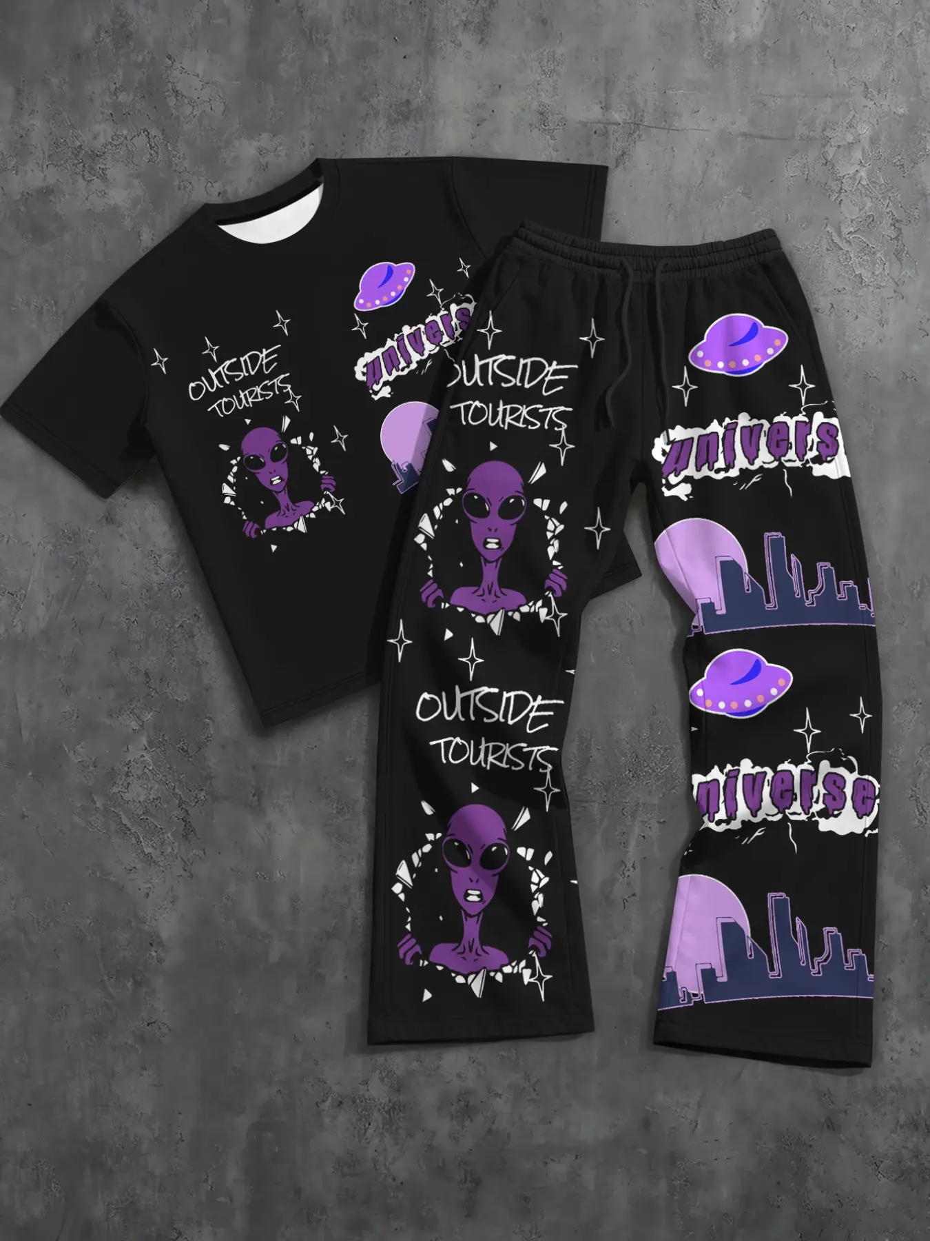 Men Alien Universe Print Two Piece Outfit Crew Neck Short Sleeve T-Shirt & Drawstring Flared Trousers Streetwear Co Ord Set Menswear