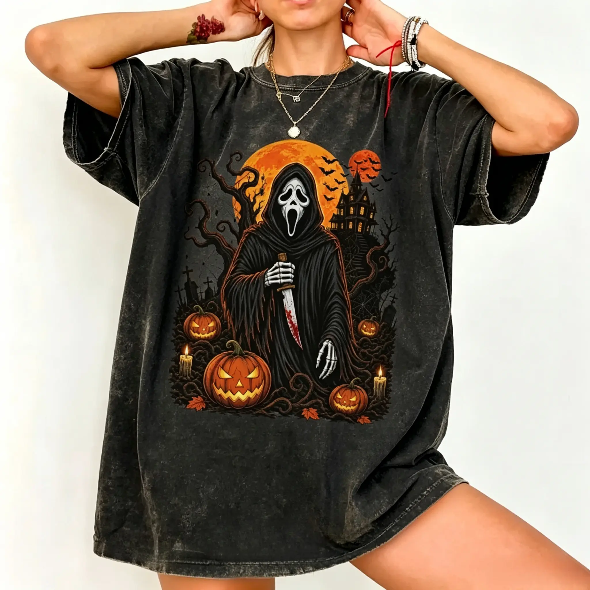 Vintage Washed Ghost Face Horror Horror Characters Tee, Retro Halloween Spooky Grim Shirt,Reaper Pumpkin Haunted House Graphic Shirt, Gothic Fall Horror Gift For Women Men