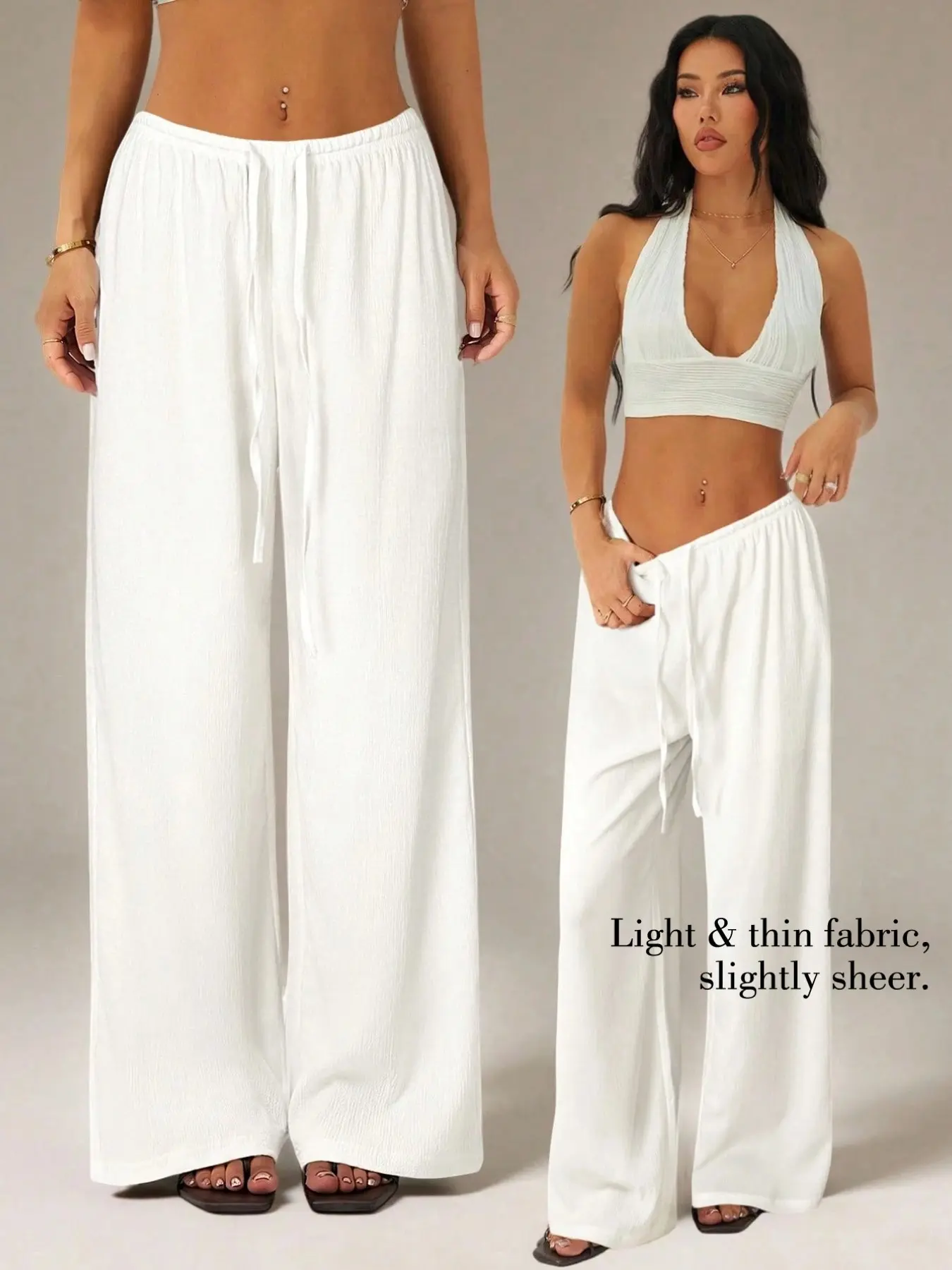 Light Thin Slightly Sheer Crinkle Textured Fabric Drawstring, Elastic, Adjustable High Waist Loose Solid White Wide Leg Palazzo Pants Viral TikTok Summer Beach Vacation Cover Up Daily Casual Lounge Resort Flowy Breathable Soft Airy Holiday Wear Trousers
