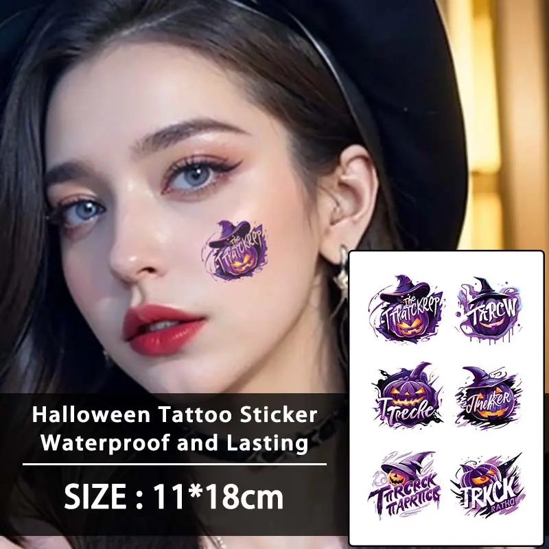 Halloween Dark Pumpkin Colorful Cartoon Temporary Tattoo Stickers, Waterproof, Long-Lasting, Suitable for Face, Hands, Arms, Legs, Chest, Neck, Back