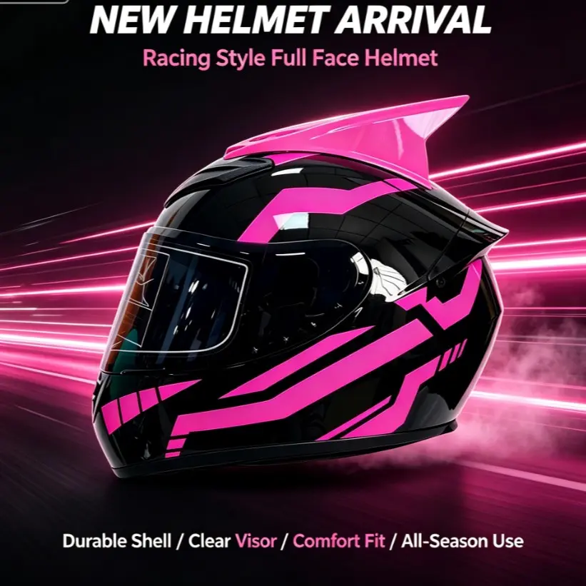 Trendy Horn Motorcycle Full Helmet, Full Face Helmet, Dot Certified, High Aesthetic Value, All-Season Commute Riding, Unisex Helmet for Men and Women