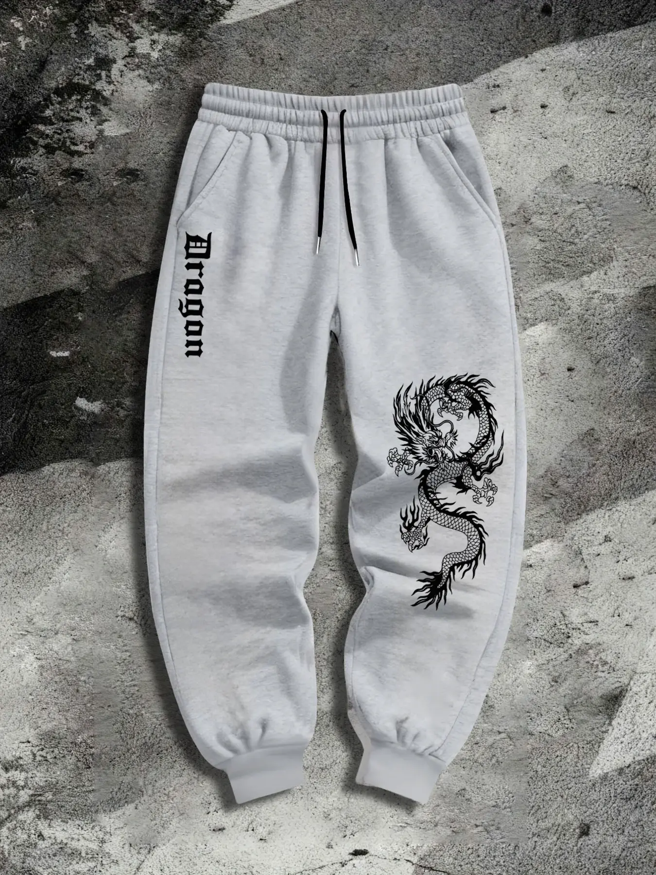 Neo-Chinese Domineering Twin Dragon Pattern & Gothic Letter Combined Cuffed Sweatpants, High Waist Drawstring Slim-fit Versatile Street Sports Pants