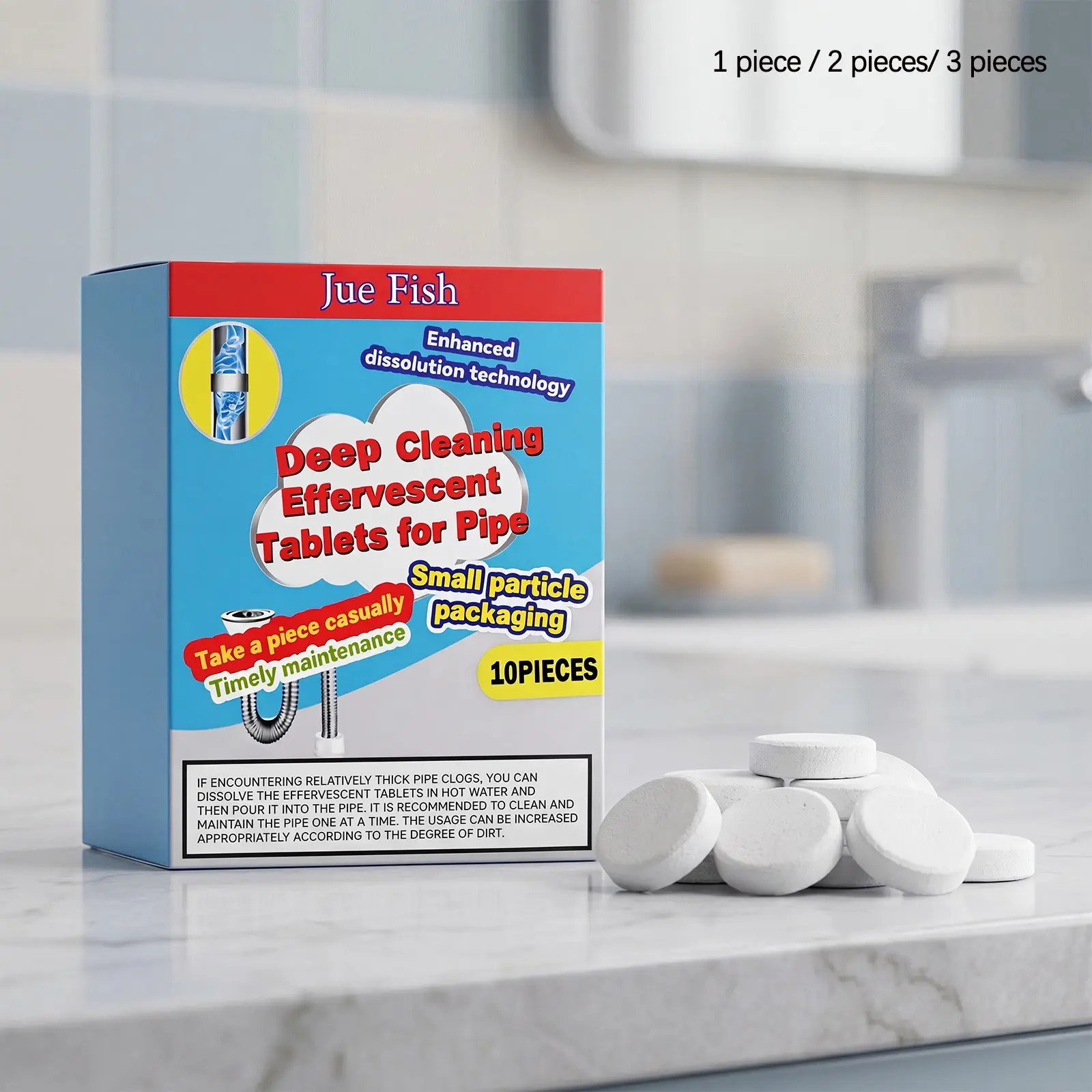 Pipe Cleaning Effervescent Tablets (12 Pieces), Quick Drain Clearing, Kitchen Toilet Sink Oil Stain Removal, Fresh Scent, Unblocker