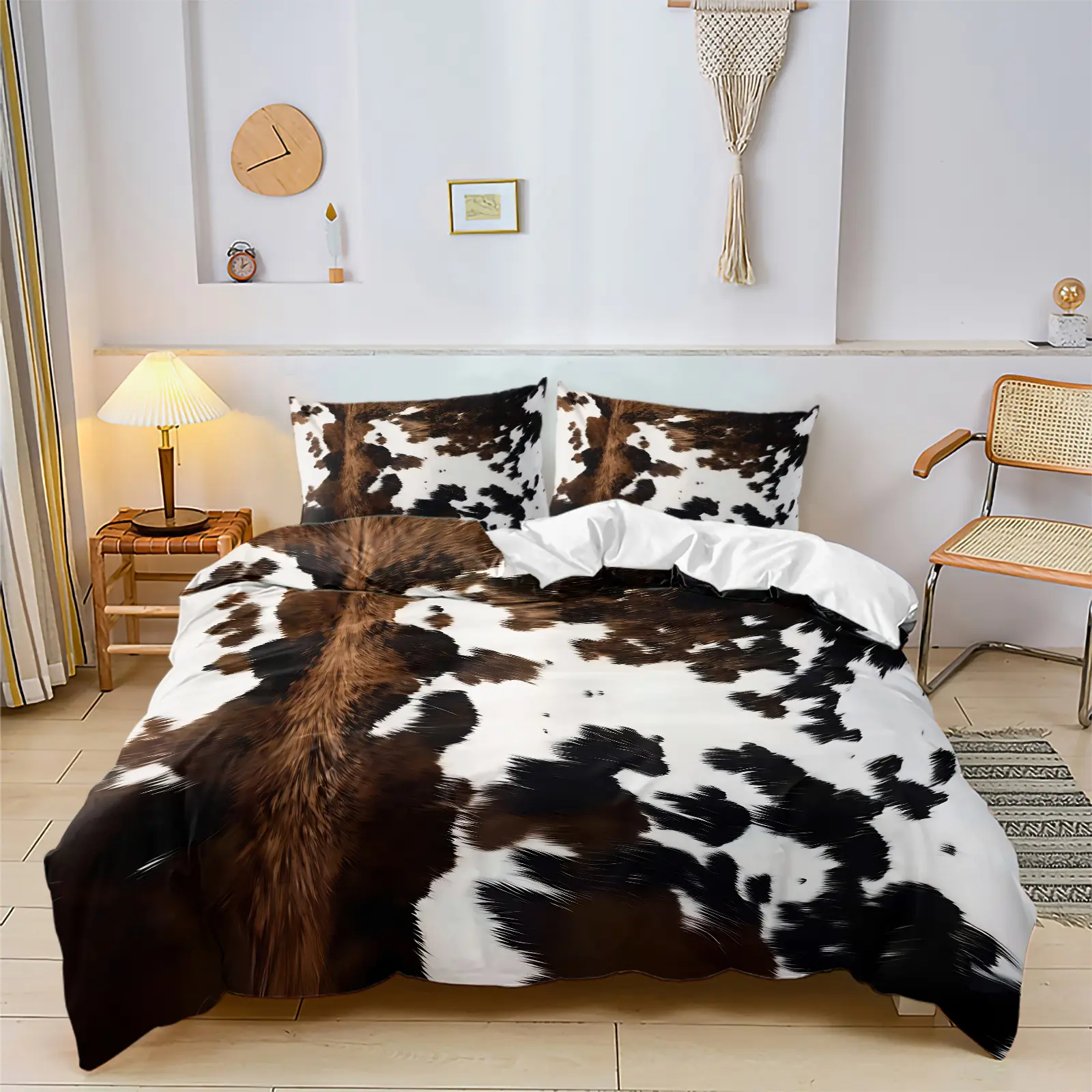 Cowhide Texture Print Duvet Cover Set, Includes 1-2 Pillowcases, Brown White Western Farm Neutral Bedding, Cow Fur Print Bed Set All Size, Breathable Skin-Friendly Fabric, Rustic Apartment Decor, Ranch Art Lover Gift