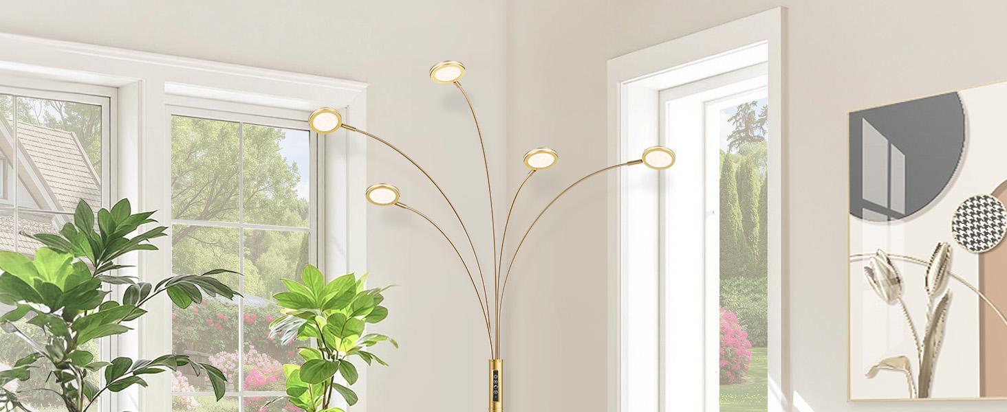 LED Arc Floor Lamp with Remote, 2250LM Dimmable Gold Floor Lamp with Timer, Adjustable Colors, Brightness & 5 Adjustable Arms, Multi-Head Tall Tree Standing Lamp for Living Room Bedroom Corner Office Modern Mood Lighting