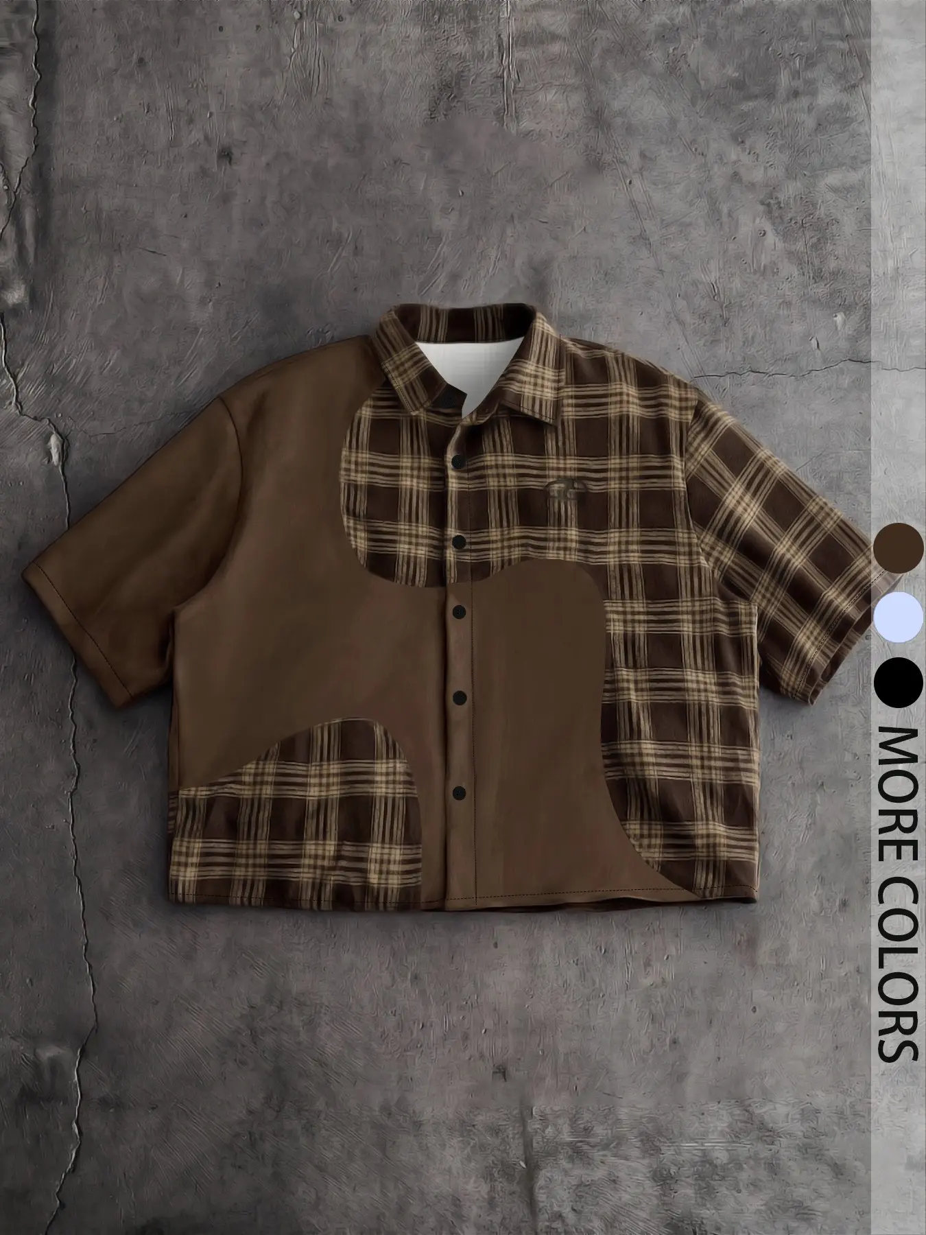 Men's Casual American Vintage Plaid Patchwork Short Sleeve Shirt, Comfortable and Fashionable, Ideal for Daily Outings