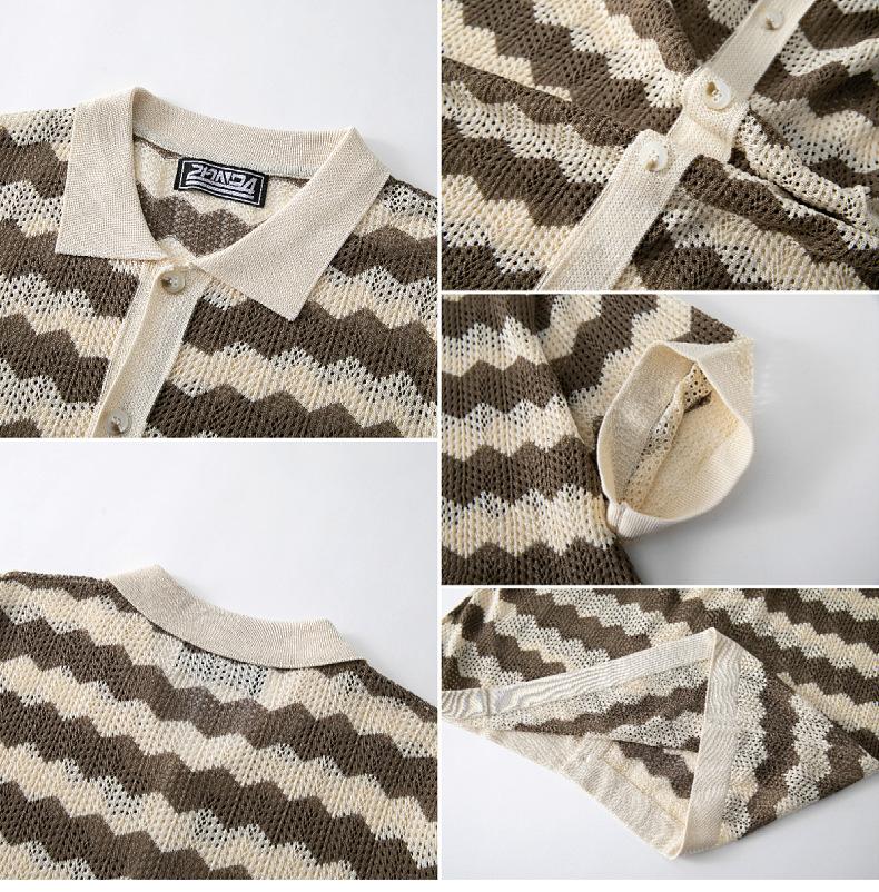 Men's Vintage Hong Kong Style Wave Pattern Hollow Knit Shirt with Turn-down Collar, Summer Short Sleeve Casual Polo Shirt