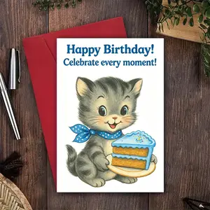 2pcs (1 cards + 1 red envelopes) cartoon kitten cake birthday card, happy birthday celebration moment, high-quality paper suitable for all holidays