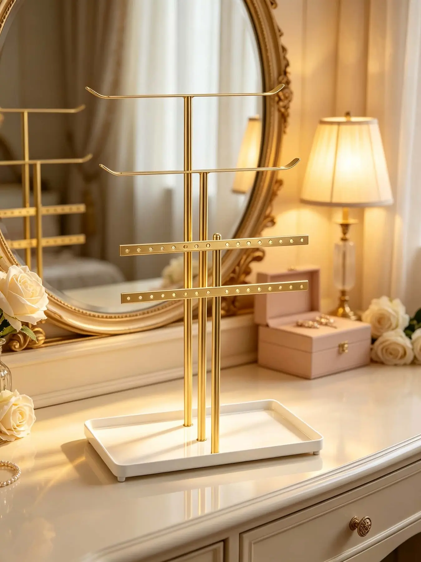 Metal Jewelry Display Rack with Tray, Fashionable Necklace Stand, Home & Retail Use, Perfect Gift for Valentine's Day & Christmas