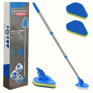 2-In-1 Extendable Shower Brush Set, Long Handle Bath & Tile Floor Cleaner, Includes 3 Sponge Heads & 1 Hard Bristle Head