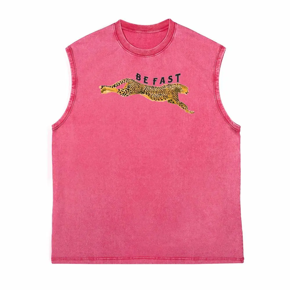 Men's Graphic Vest, Casual Washed Sleeveless Tank Top with "BE FAST" Cheetah Print for Gym and Athleisure Wear, Cute, Party, Chic, Graphic Print, Pure Cotton, Korean, Preppy, Vintage