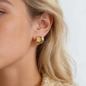 C-shaped multi-layer gold ring stainless steel geometric stud earrings ins wind, personalized trend, simple scenery Titanium steel earrings