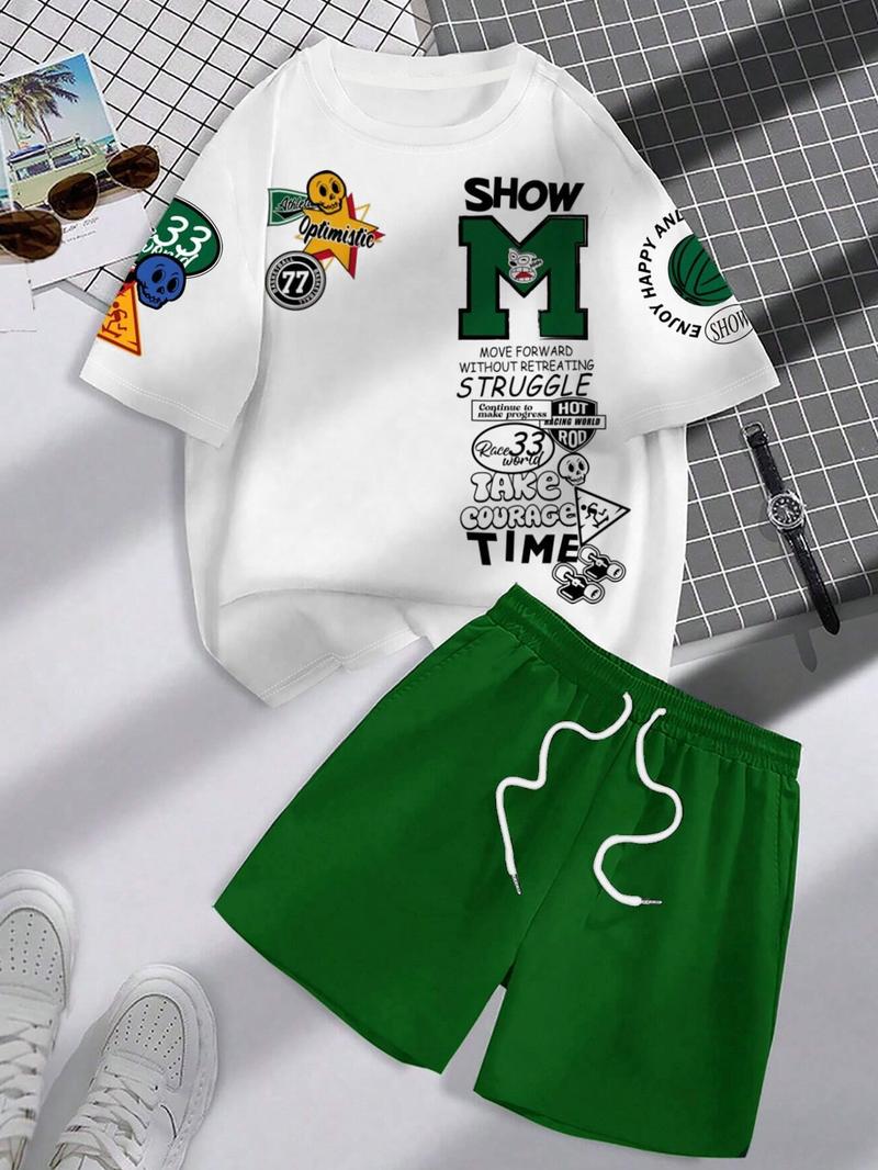 Men's Letter Print Short Sleeve Tee & Shorts Two-piece Set, Regular Fit Round Neck T-shirt & Track Shorts, Casual Fashion Cozy Breathable Men Two-piece Outfits for All Seasons