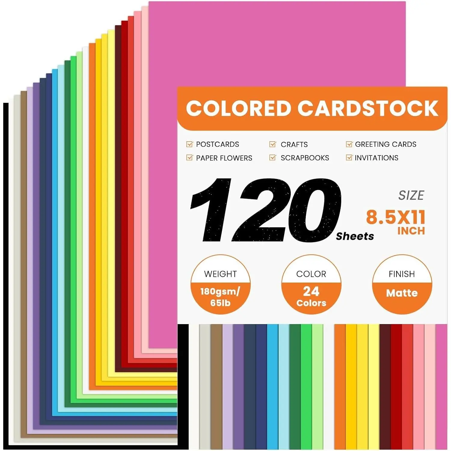 120 Sheets Colored Cardstock Paper, 180gsm/65 lb, 24 Colors, 8.5 x 11 Inches, Double-Sided Printable Card Stock for Scrapbook, School, Office Printing & DIY CraftGift
