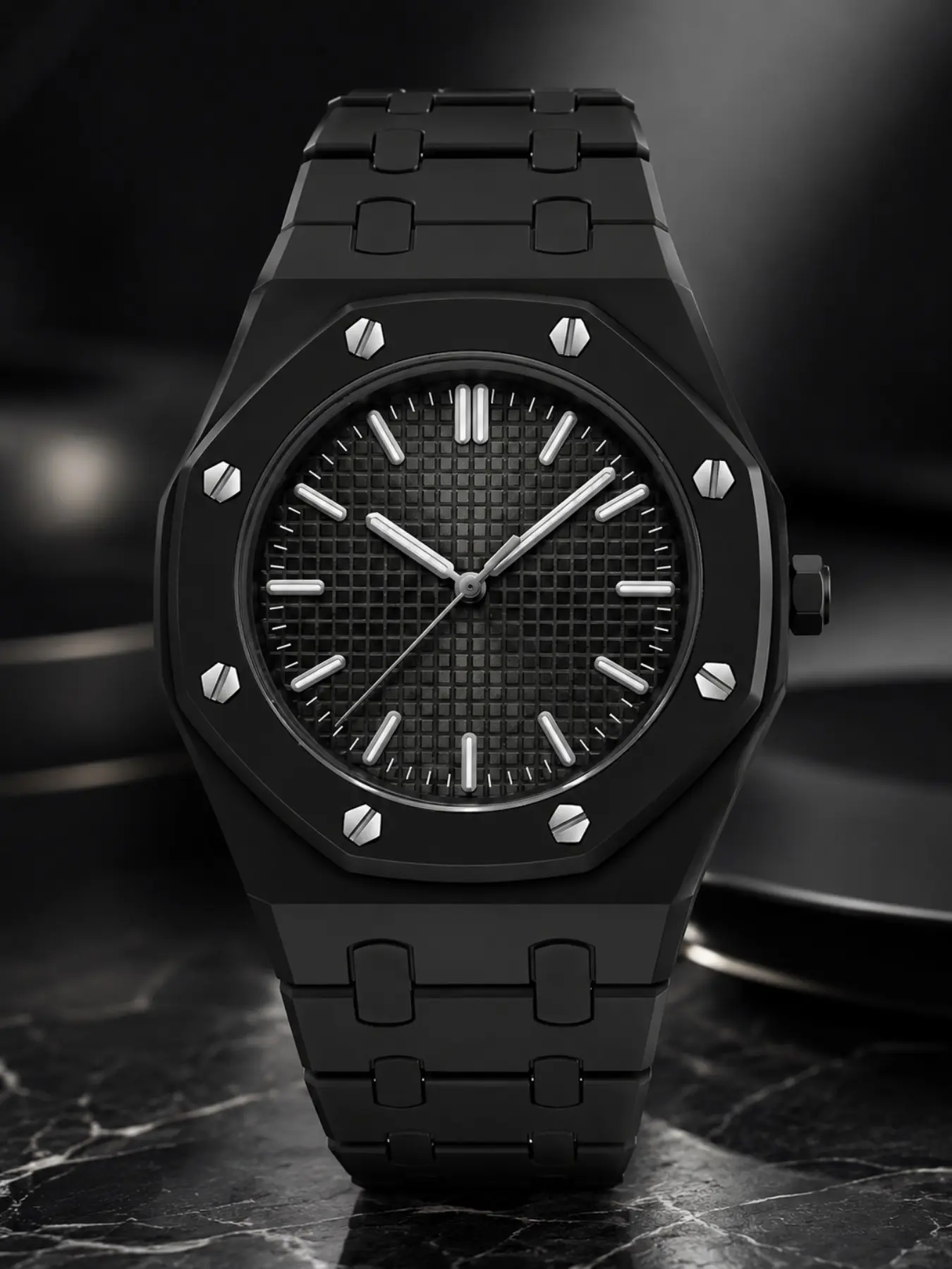 Cold Tone Octagon Quartz Watch, Grid Texture Dial, 3D Markers, Rivet Decor, Minimalist Design, Streetwear & Commute Style