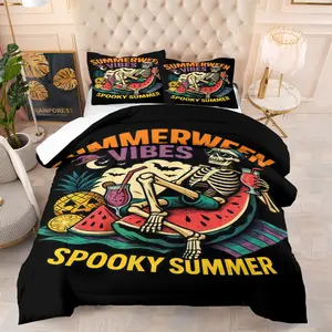 Summer Halloween Pattern Comforter Set, Soft And Comfortable Bedding Set, Including 1 Comforter And 1 Or 2 Pillowcases Without Pillow Core, Suitable For Bedroom, Dormitory, Guest Room Decoration Supplies For Teenagers And Adults