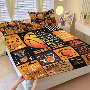 Basketball Inspirational Quote Patchwork Fitted Sheet Set, 1 Fitted Sheet + 2 Pillowcases, Deep Pocket Non-Slip Mattress Protector, Soft Breathable All Season Bedding, Black Orange Sports Slogan Print Bedding For Teen Boys Bedroom Decor