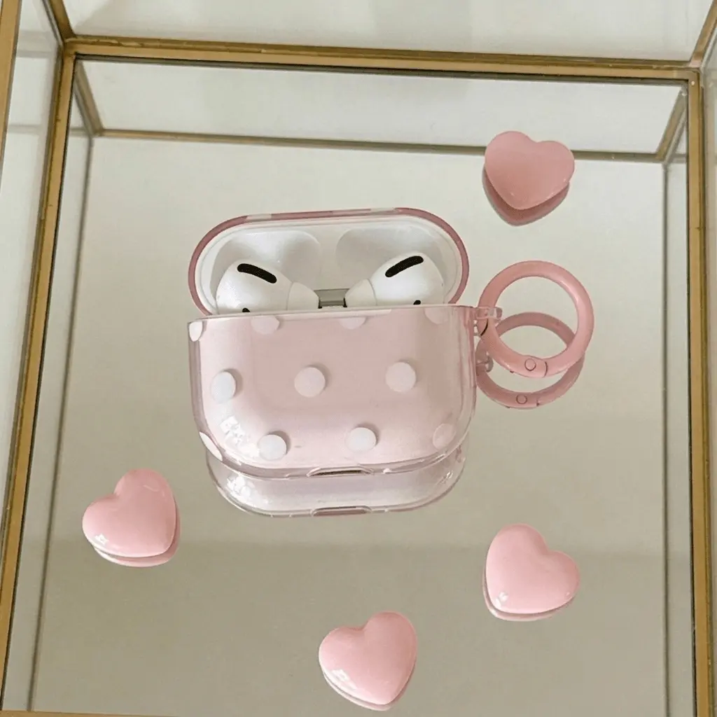 White polka dot pink transparent earphone, Headphone case for AirPods - protective cover, high transparency, shockproof, non-yellowing, circular clasp, Korean style, ins fashion, compatible with AirPods 1/2/3/Pro/Pro2, gift for girls