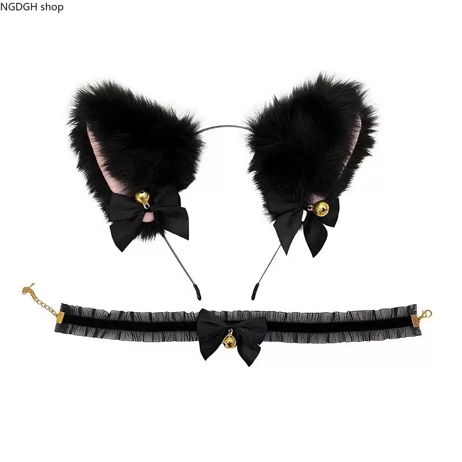 Women's Fluffy Black Cat Ear Headband Set - Cosplay Wear Adult Accessory Prop Set Pack with Bell Bow Choker, Cute Party Festival Fashion Accessory