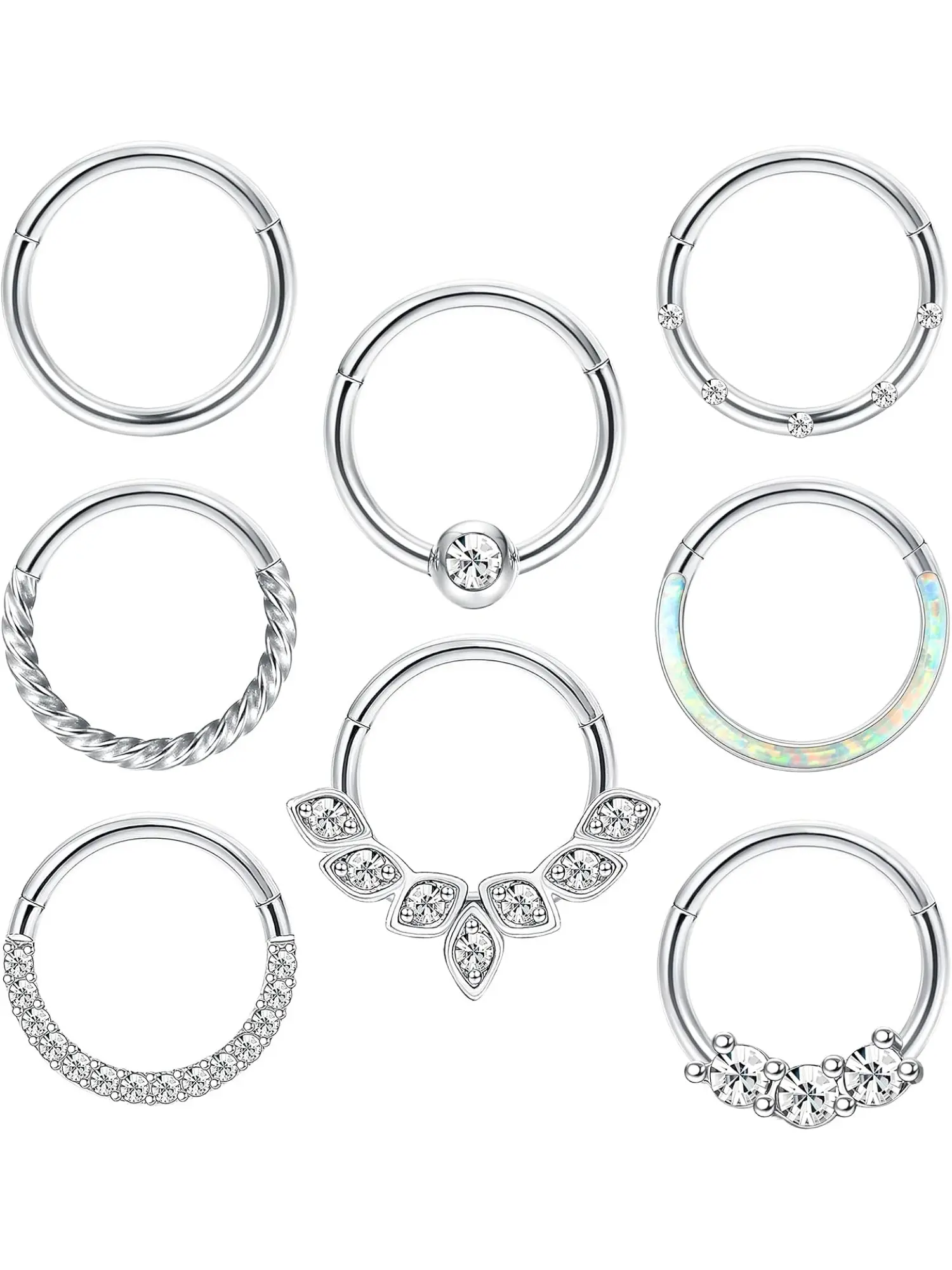 Surgical Steel Clicker Hoop Earring for Cartilage, CZ Opal Hinged, Septum Daith Rook Tragus Helix