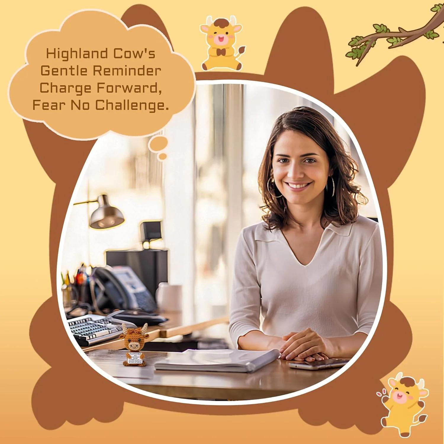 Mini Highland Cow Knitted Wool Toy with Positive Affirmation Card, Cute Crochet Emotional Support Doll, Perfect Cheer Up Gift for Women Students Friends, Adorable Christmas Keepsake & Heartwarming Home Decor to Bring Comfort and Encouragement