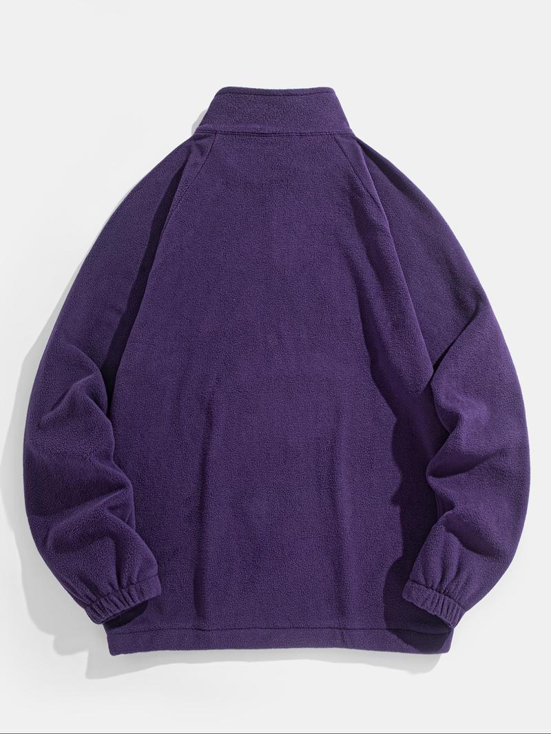 Men's Letter Embroidery Polar Fleece Quarter Zip Sweatshirt, Casual Regular Fit Raglan Sleeve Stand Collar Pullover for Fall & Winter, Fashion Men's Clothes for Daily Wear