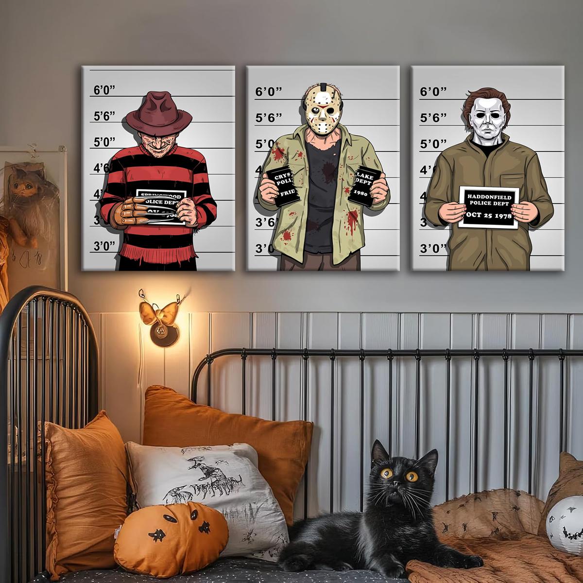 3 Counts Wooden Framed Canvas, Interesting Horror Movie Characters, Halloween Home Poster, Halloween Party Decorations, Living Room And Bedroom Hanging Paintings, Horror Theme, Interesting Posters, Exquisite Gifts, High-Definition Art, Wooden Wall Art