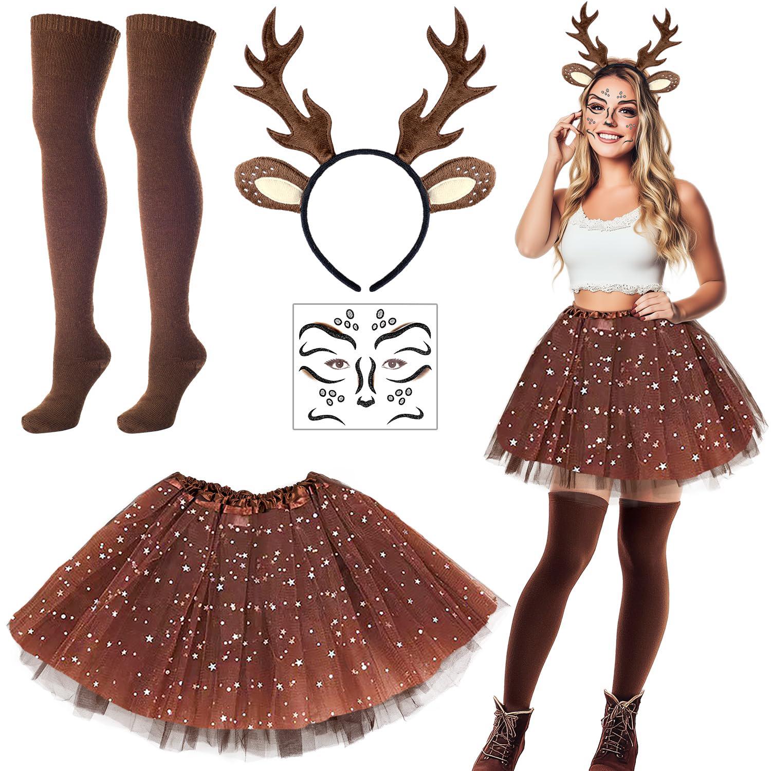 Carnival Deer Costume Women Deer Antlers Headband with Reindeer Ears Tutu Skirt Socks Deer Face Tattoo Deer Costume Accessory