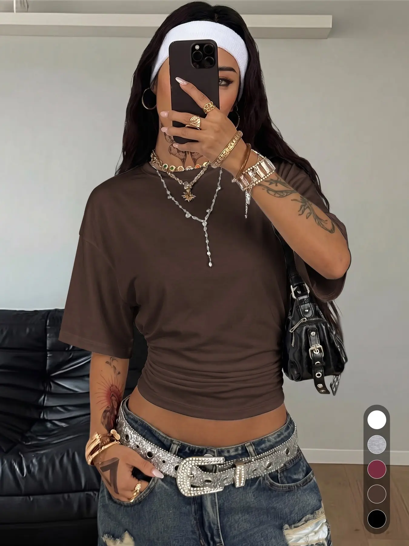 Women's Oversized Drop Shoulder Solid T-Shirt, Side Ruched Crop Top, Short Sleeve, Soft Stretch, Y2K Streetwear, Casual Wear