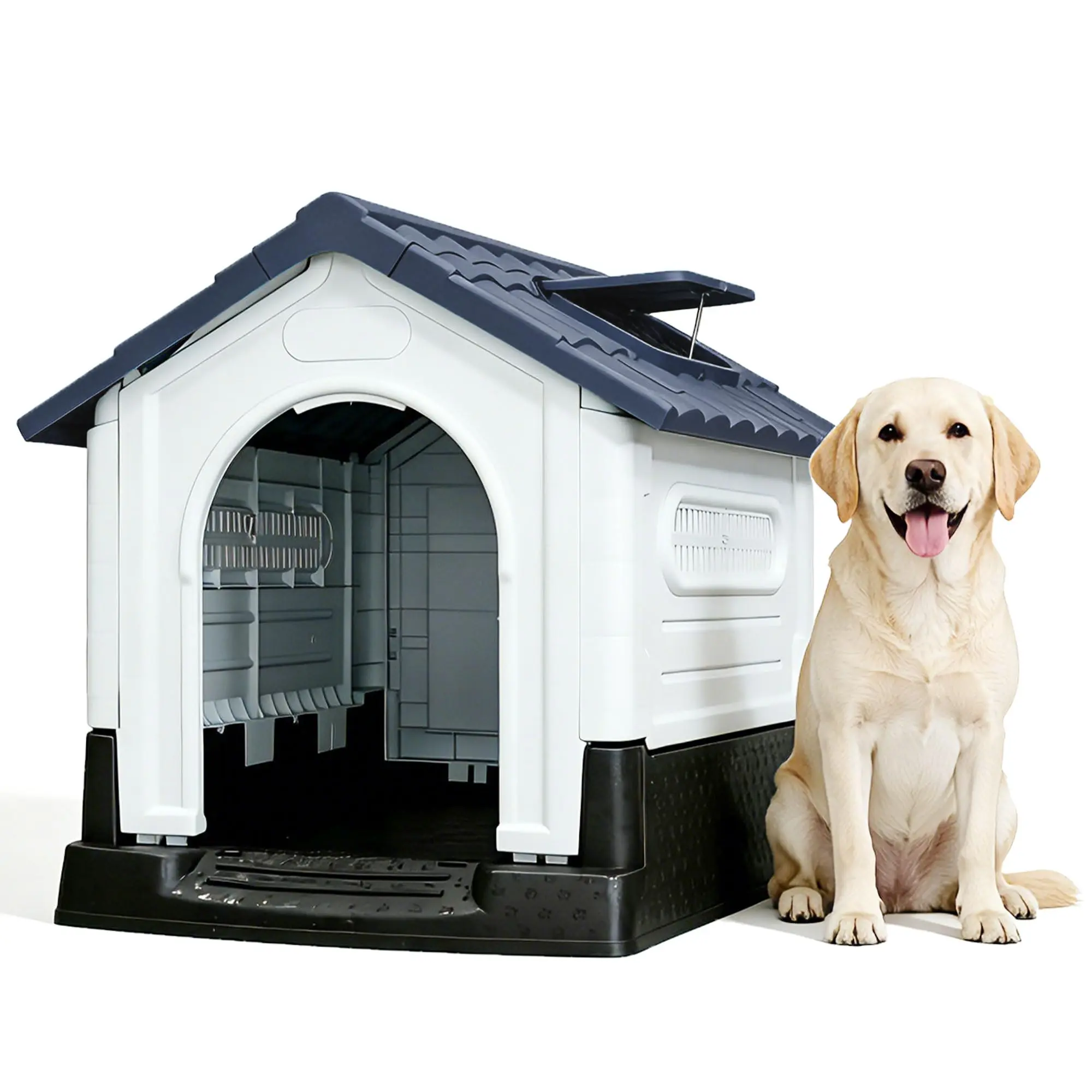 Weatherproof Plastic Dog Kennel for Small Dogs, Collapsible Easy-Assembly Outdoor Dog House with Adjustable Skylight and Elevated Base, Durable Pet Shelter for Indoor, Yard and Patio Use