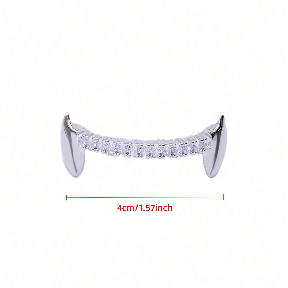 2pcs Set of Hip Hop Tiger Tooth Grillz with Sparkling Cubic Synthetic Zirconia - Golden Copper Teeth Jewelry for Music Festivals, Parties & Everyday Glam Oral