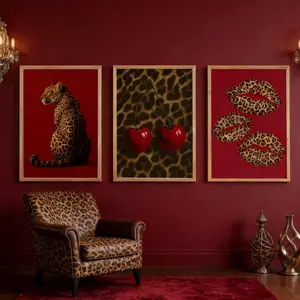 3 Pieces Vintage Leopard Print Red Lips Cherry Art, Seductive Luxury Wall Mural, Bold Sexy Home Art, Trendy Gallery Decor, Rich Tone Poster, Wall Decor for Living Room and Bedroom, Framed or Unframed.