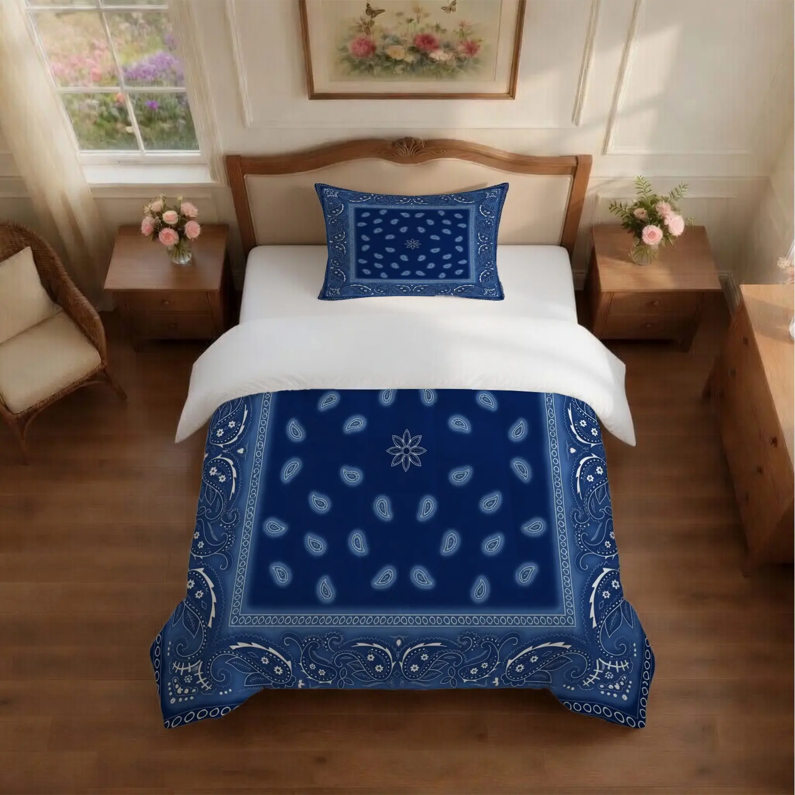 Paisley Bandana Print Comforter Set, 2/3 Pieces (1 Comforter + 1/2 Pillowcases, No Pillow Insert Included), Retro Boho Style, Bohemian Quilt Set, U-Shape Quilted for All Seasons, Ideal for Teens' & Adults' Bedroom Decor