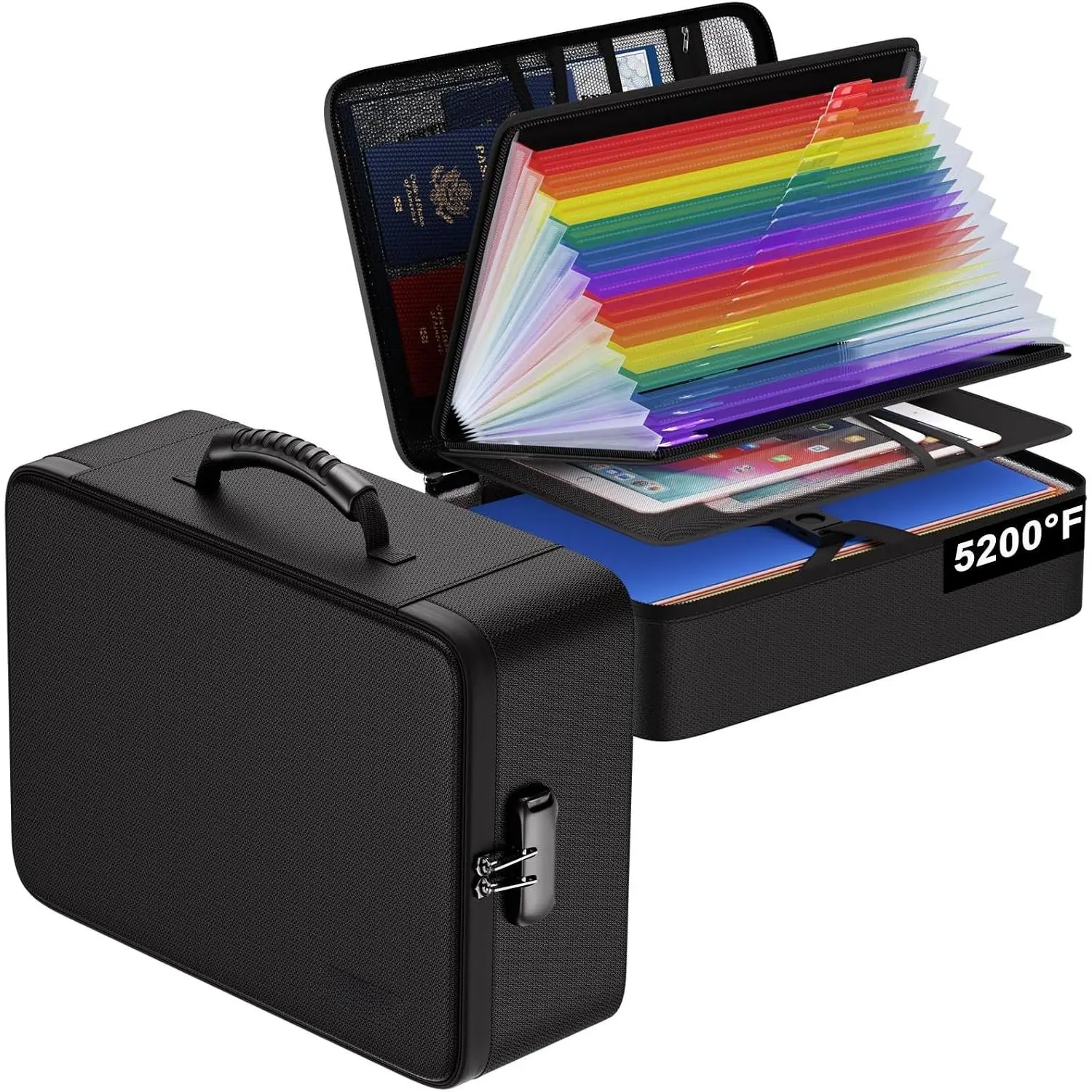5200? Soft Case Fireproof Document Box with Lock,Fireproof Box with 25 Colorful Pocket Accordion File Folder,Fireproof Water Resistant Safe File Organizer Storage for Important Documents