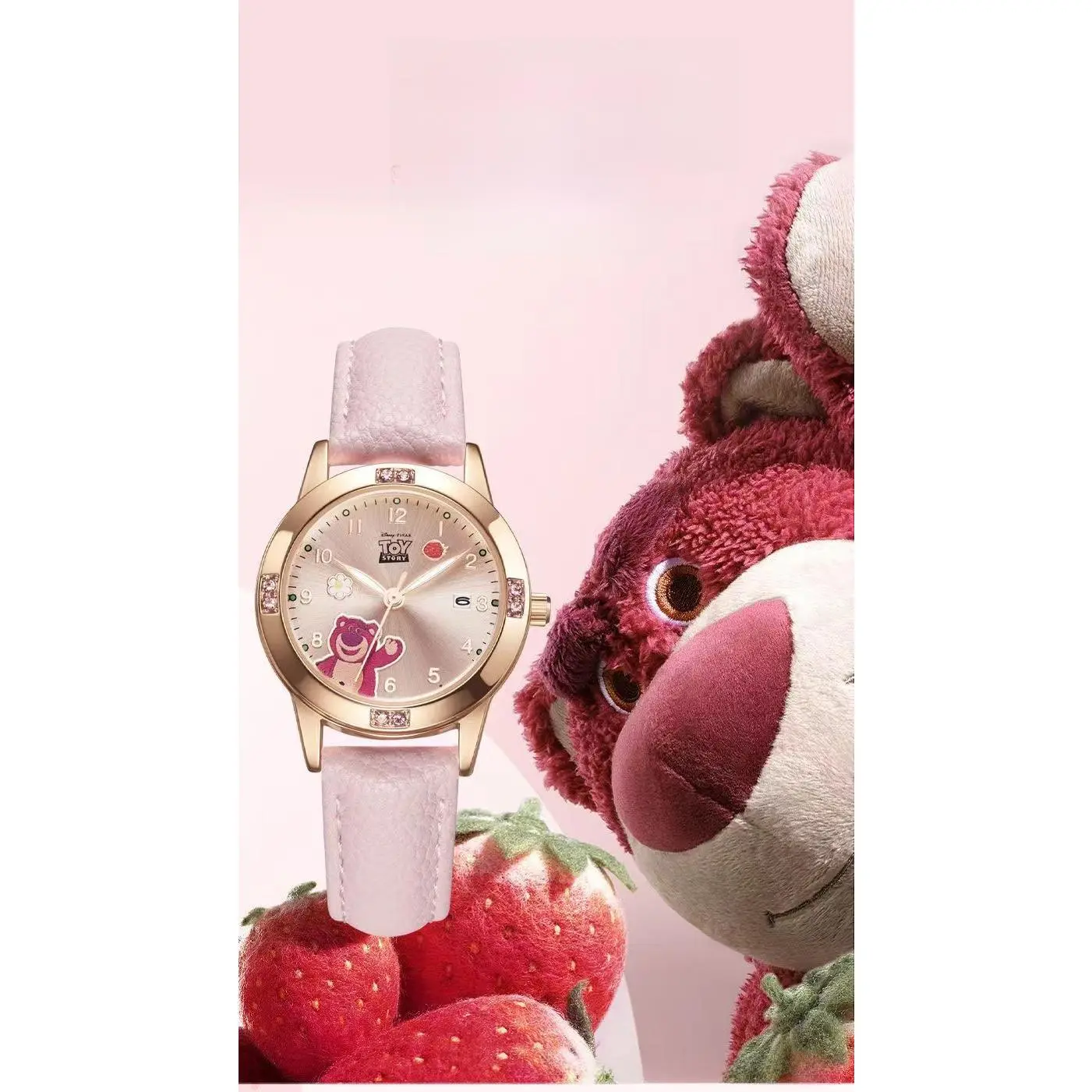 Kids' Cute Cartoon Strawberry Bear Analog Mechanical Watch - 30mm Alloy Case, 8.5mm Compact Design, Mineral Glass, Waterproof, Luminous Leather Strap, Gift Box Included, Smart Wearable Tech Gift for Girls