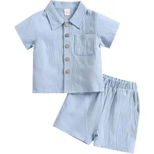 Toddler Baby Boy Linen Outfits Solid Color Short Sleeve Lapel Button Down Shirt and Shorts Summer Clothes Set(Gift)